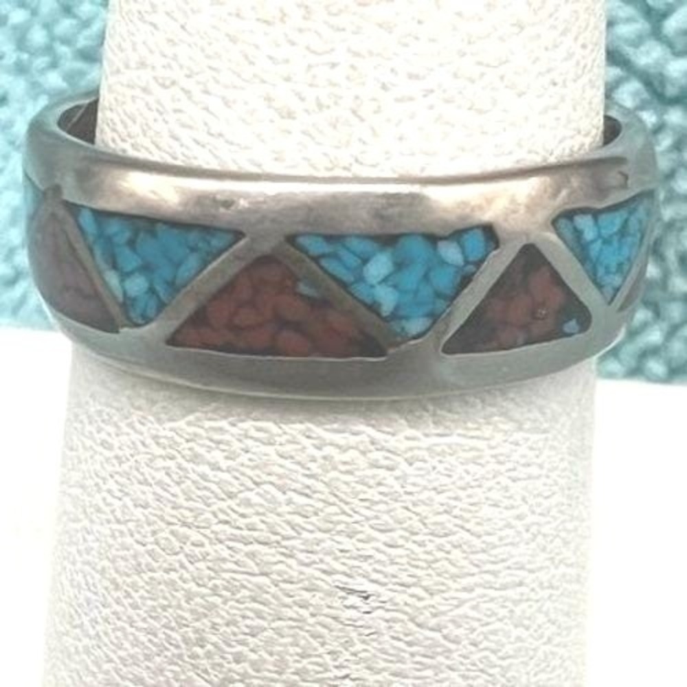 Vintage Turquoise Coral Ring Inlay Silver Plated AJ Southwestern‎ Sz8 3.2g READ